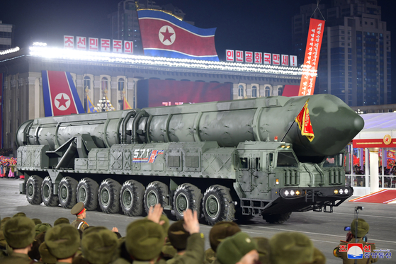 A new solid-fuel intercontinental ballistic missile is shown at a North Korean military parade held in Pyongyang on Feb. 8 in this photograph released by the state-controlled Korean Central News Agency. [YONHAP]