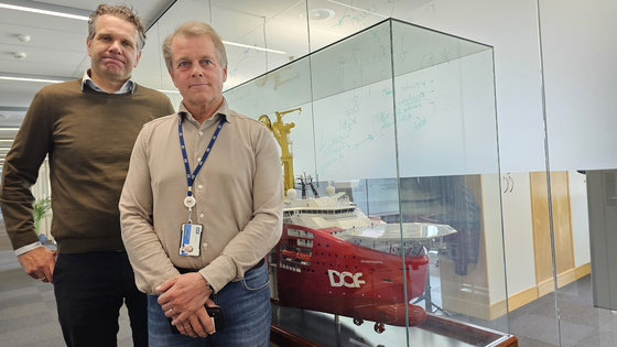 Jan-Kristian Haukeland, right, executive vice president of the Atlantic region of DOF Subsea, and Fredrik Johan von der Fehr, left, senior project manager, on May 2 at the company's headquarters in Bergen [SHIN HA-NEE]