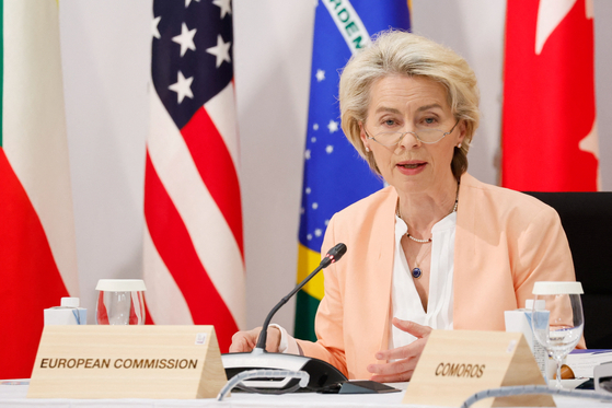 European Commission President Ursula von der Leyen participates in a Partnership for Global Infrastructure and Investment event during the Group of 7 (G7) Summit, at the Grand Prince Hotel in Hiroshima, Japan on Saturday. [REUTERS/YONHAP]