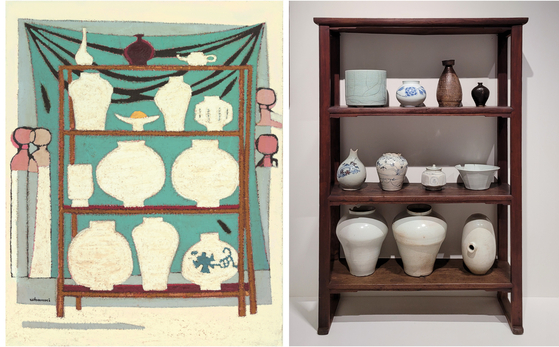 Kim Whanki's 1956 painting ″Jars,″ left, and a piece of wooden furniture that seems to be a model for the wooden shelves in the painting. They are on view at Kim's retrospective at the Hoam Museum of Art. ⓒWhanki Foundation·Whanki Museum [HOAM MUSEUM OF ART, MOON SO-YOUNG] 