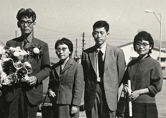This picture provided by the National Museum of Modern and Contemporary Art (MMCA) shows, from left, Kim Whanki, his wife Kim Hyang-an, his son-in-law and dansaekhwa master Yun Hyong-keun and Kim's daughter Kim Young-suk in 1963. [MMCA]
