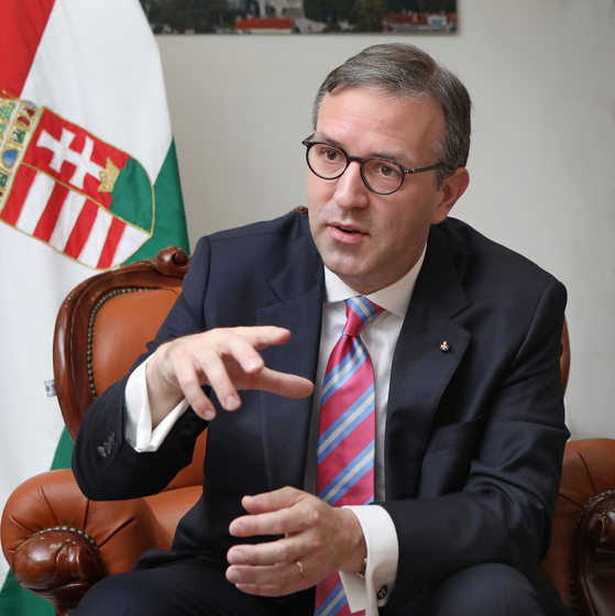 Gladden Pappin, president of the Hungarian Institute of Foreign Affairs, speaks with the Korea JoongAng Daily at the Embassy of Hungary in Seoul on Friday. [PARK SANG-MOON]