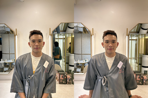Phei Yong's makeup before, left, and after. Although the difference seems less conspicuous, he stressed that his skin and eyebrows were worth noting. [SHIN MIN-HEE]