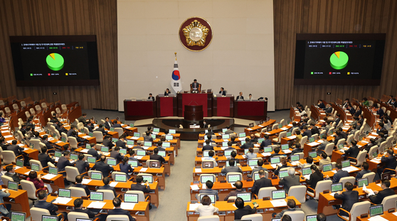 A bill to provide relief to victims of large-scale rental fraud passes a floor vote at the National Assembly in Yeouido, western Seoul, on Thursday afternoon. [YONHAP]