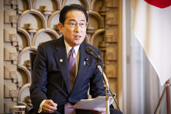 Japanese Prime Minister Fumio Kishida speaks during an interview with the JoongAng Ilbo on May 11. [JUN MIN-KYU]