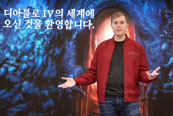 Game Director Joe Shely speaks at a press event in Gangnam District, southern Seoul, to promote its latest fourth title from the Diablo franchise on Tuesday. [BLIZZARD ENTERTAINMENT KOREA]