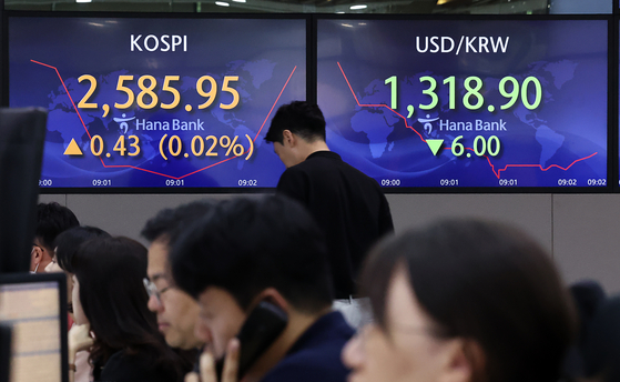 Screens in Hana Bank's trading room in central Seoul show stock and foreign exchange markets open on Wednesday. [YONHAP]