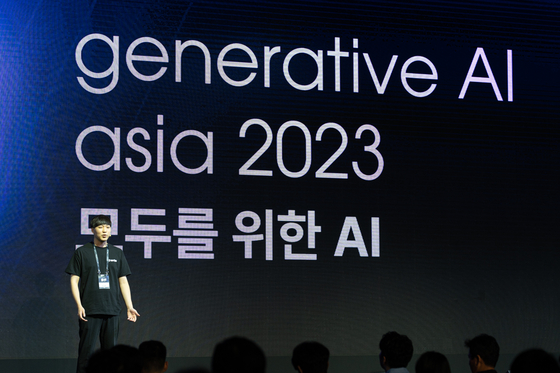 Yoo Young-joon, Wrtn Technologies co-founder and chief operating officer, speaks during the Generative AI Asia 2023 conference held in southern Seoul, Wednesday. [WRTN TECHNOLOGIES]