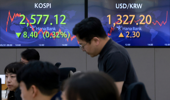 Screens in Hana Bank's trading room in central Seoul show stock and foreign exchange markets close on Wednesday. [YONHAP]