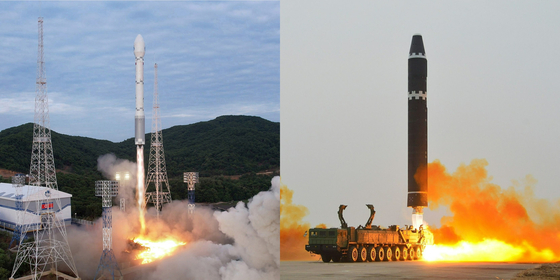 Photos released by the North's state-controlled Korean Central News Agency (KCNA) of the Chollima satellite launch vehicle on Thursday, left, and of the Hwasong-15 intercontinental ballistic missile on Feb. 19 show the two rockets share apparently similar liquid-fuel propulsion engines, but different payload dimensions. [YONHAP]