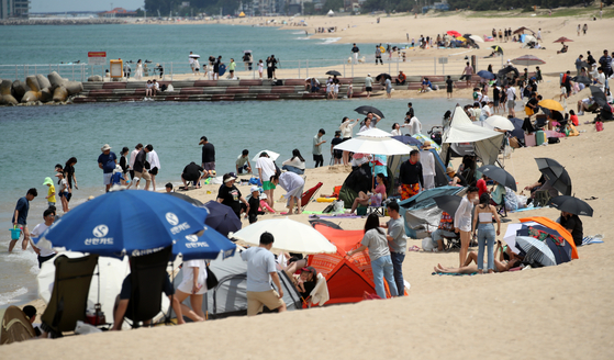 A crowd gathers at a beach in Gangneung, Gangwon, on Sunday as temperature rose to 31 degrees Celsius (87.8 Fahrenheit). High temperatures gripped most of the country with Seoul reaching 27.5 degrees Celsius and other regions including Changwon hitting 30 degrees Celsius. According to the Korea Meteorological Administration on Sunday, most of the country will likely remain sunny with temperatures of around 30 degrees Celsius on Monday. [YONHAP]