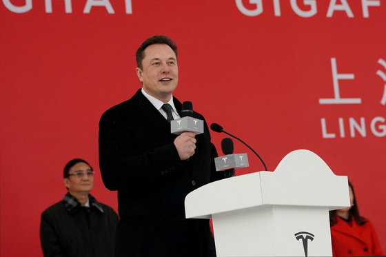Tesla CEO Elon Musk speaks at the groundbreaking ceremony for Tesla's gigafactory in Shanghai on Jan. 7, 2019. [YONHAP/REUTERS]
