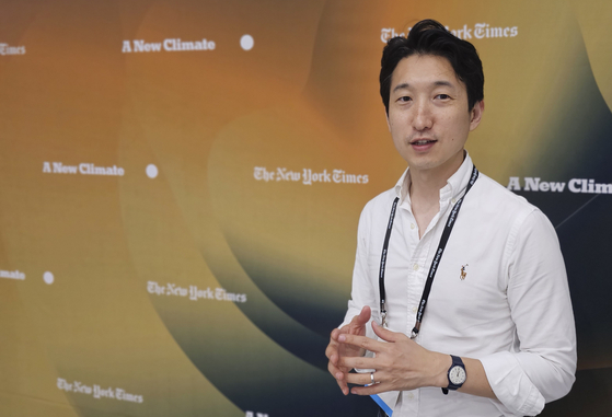 Kim Hyung-san, the founder and CEO of The Swing, who is also known as San Kim, during an interview with the Korea JoongAng Daily on May 26 in Busan after The New York Times A New Climate event [SHIN HA-NEE]
