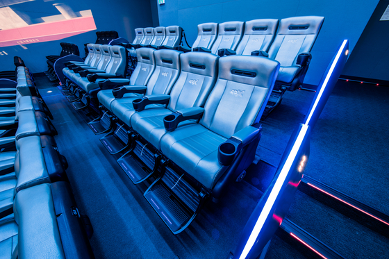 Seats at a 4DX theater are shown at the CGV Yongsan branch in central Seoul. 4DX theaters apply off-screen effects such as water, wind, movements of the seats and others to allow immersive experiences for audiences. [CGV]