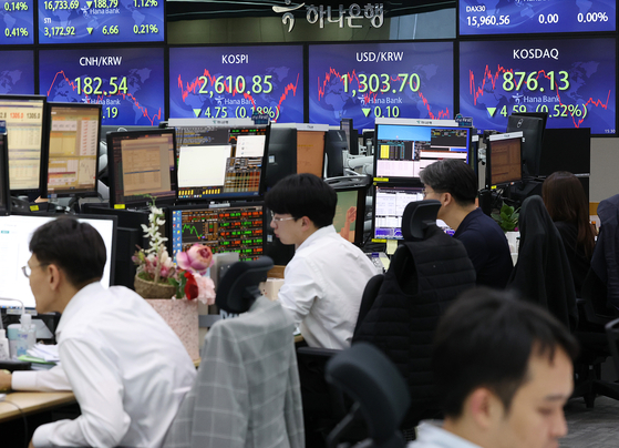 Screens in Hana Bank's trading room in central Seoul show stock and foreign exchange markets close on Thursday. [YONHAP]