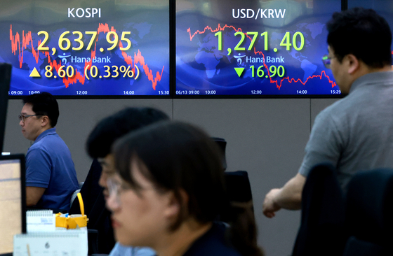 Screens in Hana Bank's trading room in central Seoul show the won closing at 1,271.4 won against the dollar on Tuesday, the highest since February 13 when the local currency finished at 1,277.3 won. The Kospi closed at 2,637.95 points, up 0.33 percent, or 8.60 points, from the previous trading session. [YONHAP] 
