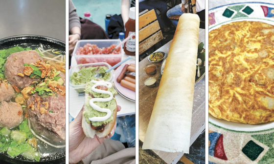 For many international students, cooking their favorite dish back home and visiting restaurants that serve their comfort foods are personal rituals that allow them to reconnect with their origin. From left, bakso, Indonesian meatball soup; completos, Chilean hot dog; dosa, thin Indian pancake; and tortilla de patatas, Spanish omelet. [CLAUDIA PATINO PICHAUD]