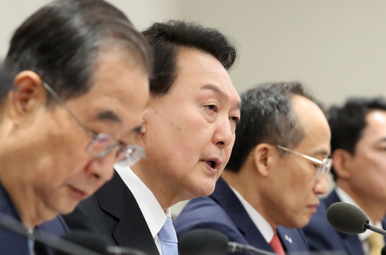 President Yoon Suk Yeol speaks at a Cabinet meeting at the presidential office in Yongsan District, central Seoul on Tuesday. [YONHAP]