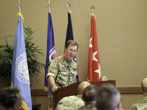 British Lt. Gen. Andrew Harrison, the deputy commander of the United Nations Command, speaks during the Woman, Peace and Security (WPS) symposium at Camp Humphreys in Pyeongtaek, Gyeonggi, on Tuesday. [UNITED NATIONS COMMAND]