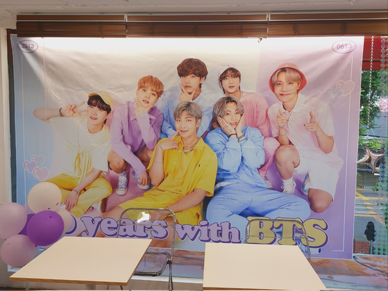 Cafe Oso, located in western Seoul's Hongdae neighborhood, decorated with BTS on Tuesday to celebrate the band's 10th anniversary of its debut [YOON SO-YEON]