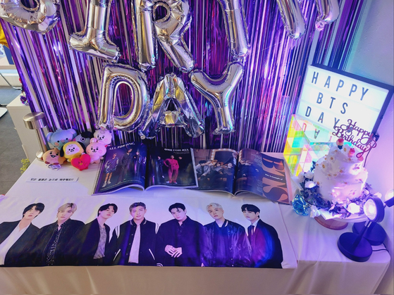 Cafe Oso, located in western Seoul's Hongdae neighborhood, decorated with BTS on Tuesday to celebrate the band's 10th anniversary of its debut [CAFE OSO]