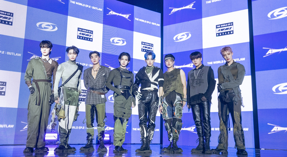 Boy band Ateez poses for the camera at a press showcase held on Thursday at the KBS Arena in Gangseo District, western Seoul. [KQ ENTERTAINMENT]
