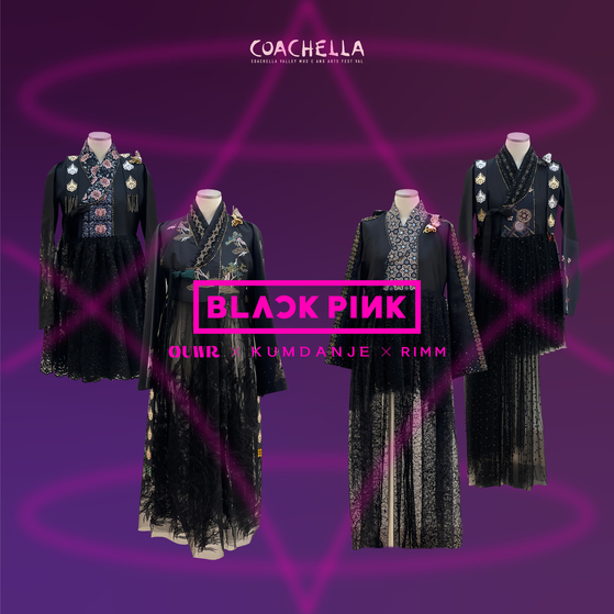Hanbok (traditional Korean dress) outfits designed by Kumdanje and OUWR that Blackpink wore on stage at Coachella earlier this year. [KUMDANJE, OUWR]