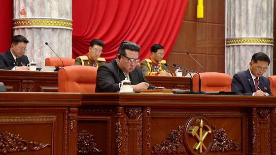 North Korean leader Kim Jong-un is seen attending a meeting of the 8th Central Committee of the ruling Workers' Party in Pyongyang over the weekend in this footage released by the state-controlled Korean Central Television on Monday. [YONHAP]