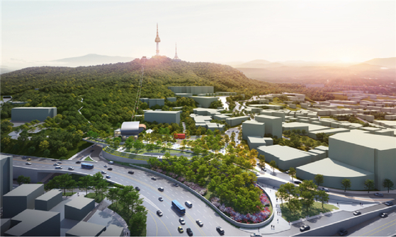 A rendered bird's-eye view of the anticipated gondola lifts and skywalk on Namsan in Jung District, central Seoul [SEOUL METROPOLITAN GOVERNMENT] 