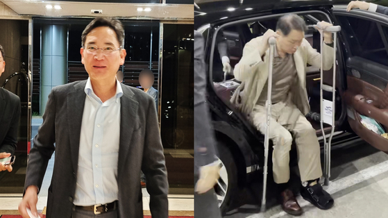 Samsung Electronics Executive Chairman Lee Jae-yong, left, and SK Inc. Chairman Chey Tae-won depart for Paris at Seoul Gimpo Business Aviation Center on Sunday afternoon to participate in the General Assembly of the Bureau International des Expositions. [KO SUK-HYUN]