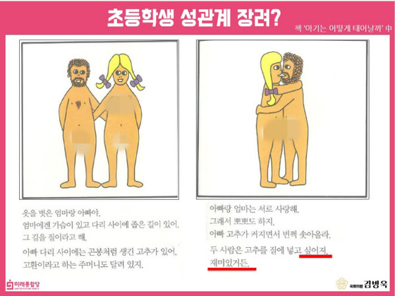 The illustrations, from the Korean version of Per Holm Knudsen's "How a Baby is Made" (1971), were used as evidence by Rep. Kim Byeong-wook in arguing that sex education books are "too explicit" in his questions to the education minister in 2020. [KIM BYEONG-WOOK]