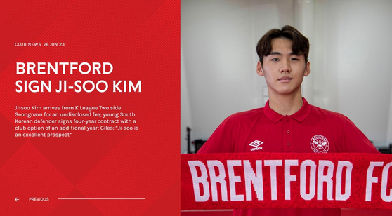 A picture of Kim Ji-soo shared on Brentford's official website on Monday [BRENTFORD]