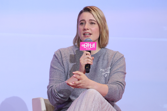 Director Greta Gerwig speaks during a press conference for the new film ″Barbie″ at Four Seasons Hotel in Jung District, central Seoul, on Monday. [YONHAP]