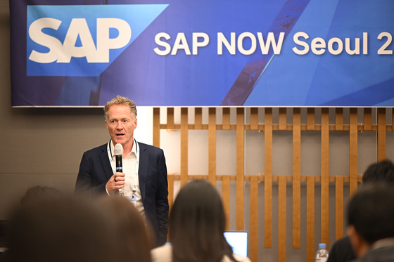 SAP Asia Pacific & Japan President Paul Marriott speaks at a press event in Gangnam District, southern Seoul, on Tuesday. [SAP KOREA]