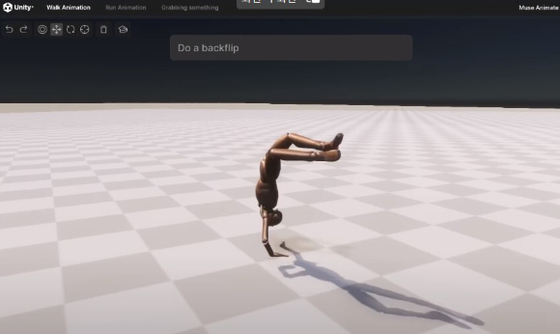 A screen capture from the beta version of Unity Muse Chat shows a character performing a backflip based on a user's direction. [YOUTUBE CAPTURE]