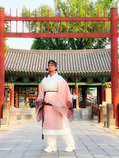 Abdulwahab wearing traditional Korean attire, hanbok, at Jeonju Hanok Village in Jeonju, North Gyeongsang, in 2022 during a promotional tour hosted by the Korea Tourism Organization [ABDUL SAMEED ABDULWAHAB]