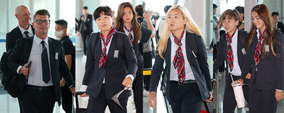 From left: Korean women's football team head coach Colin Bell, Ji So-yun, the highest capped and highest scoring Korean footballer across all competitions, Tottenham Hotspur star Cho So-hyun, veteran defender Lim Seon-joo and 16-year-old Casey Yujin Phair arrive at Incheon International Airport in Incheon on Monday to fly to Australia for the 2023 Women's World Cup.  [NEWS1/YONHAP]