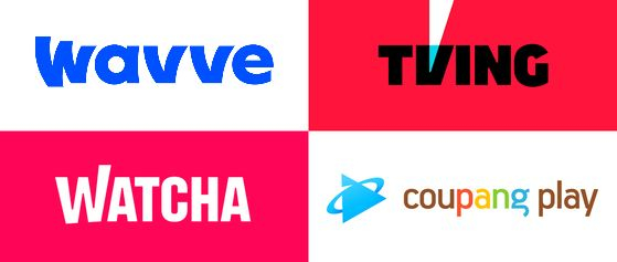 From top left clockwise, logos of Wavve, Tving, Coupang Play and Watcha. [EACH COMPANY]