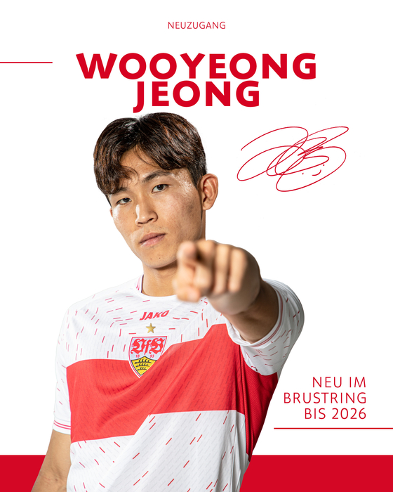 Jeong Woo-yeong poses in a VfB Stuttgart shirt in a promotional image shared on the club's social media channels on Tuesday.  [SCREEN CAPTURE]