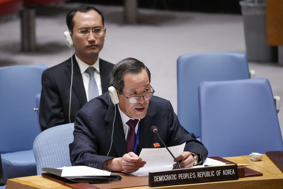 North Korean Ambassador to the United Nations Kim Song addresses a UN Security Council meeting on his country's latest ICBM launch at United Nations headquarters in New York on Thursday. [AP/YONHAP] 