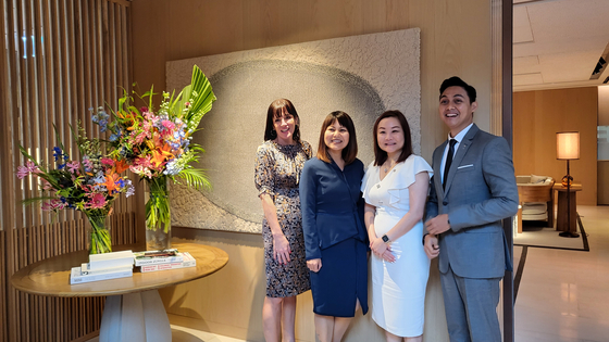 From left: Hannah Loughlin, director of sales and marketing from Capella Hanoi, Jade Woon, vice president of sales at Capella Hotel Group, Shue Sng, director of sales from Patina Maldives and Ganny Akbar, assistant director of sales at Capella Ubud, pose for a photograph at Capella Yang Yang Owner’s Club in Gangnam, southern Seoul. [YIM SEUNG-HYE] 