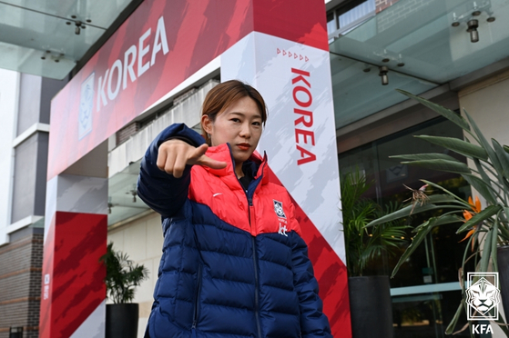 Jeon Eun-ha poses for a photo during an interview with the Korea Football Association media team at Rydges Campbelltown Hotel in Campbelltown, Australia on Saturday. [YONHAP]