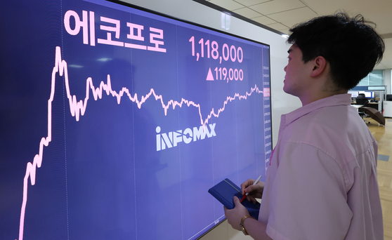 An electronic display at Yonhap Infomax in central Seoul shows EcoPro closing at 1,118,000 won ($886) Tuesday, up 11.9 percent from the previous session's close, to hit an all-time high. EcoPro's market capitalization reached 29.8 trillion won. [YONHAP]