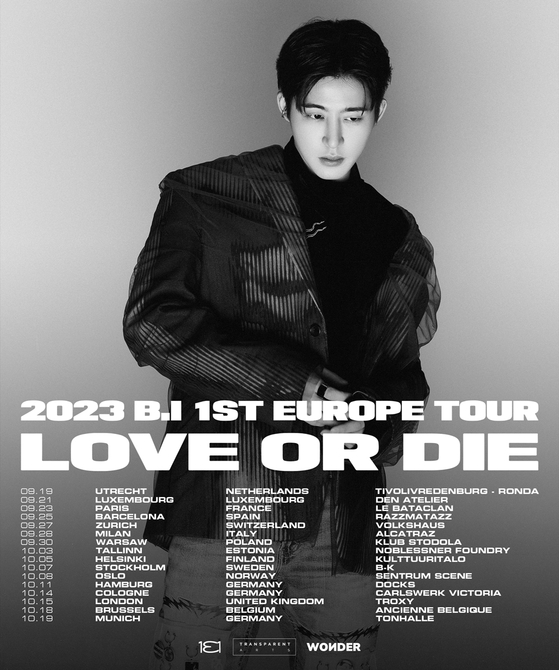 Rapper B.I will hold his first European tour “Love or Die” in 16 different European cities, his agency 131 Label said Tuesday. [131 LABEL]