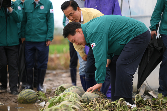 President Yoon Suk Yeol examines the damages from the recent torrential rains during a visit to a watermelon farm in Hwajeong-ri in Nonsan, South Chungcheong, on Tuesday. On Wednesday, Yoon designated 13 areas, including Nonsan, as special disaster zones. [PRESIDENTIAL OFFICE] 