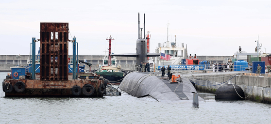The USS Kentucky, a U.S. nuclear-capable ballistic missile submarine, is docked at a naval base in Busan on Wednesday. [JOINT PRESS CORPS]