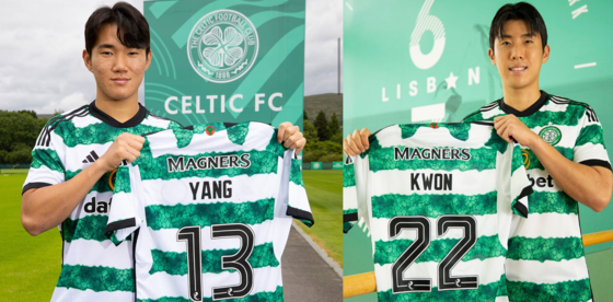 Yang Hyun-jun, left, and Kwon Hyeok-kyu pose with their new Celtic shirts after signing with the club on Monday in official photos shared on social media.  [SCREEN CAPTURE]