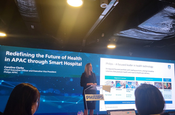 Caroline Clarke, CEO and Executive Vice President, Philips APAC, speaks about the Philips Future Health Index 2023 Report at the Philips Singapore office on Wednesday. [JIN MIN-JI]