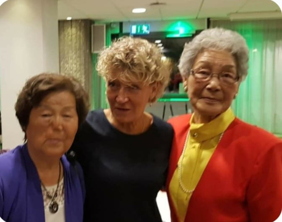Pia Blomberg, center, with Sang-moon, right, who had worked with her mother at the Swedish field hospital in Busan during the war, and Anita, left, who was treated at the hospital. The photo was taken during one of their reunions in Sweden. [PIA BLOMBERG]