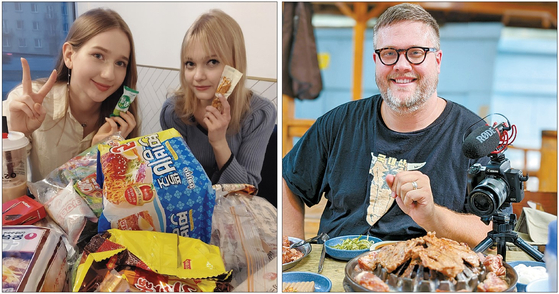 Left: A twenty-four-year-old Estonian, whose online moniker is Mai, left, tries a variety of Korean instant noodles with her friend in one of her YouTube videos. Mai runs her own YouTube channel, “Kimchi Ghost Mai,” which has about 26,900 subscribers. Right: Thirty-five-year-old Austin Givens lives in Daejeon and uploads YouTube videos of him trying out Korean delicacies in local restaurants. He runs his own YouTube channel, “Eating What is Given,” which has over 116,000 subscribers. [KIMCHI GHOST MAI, AUSTIN GIVENS]